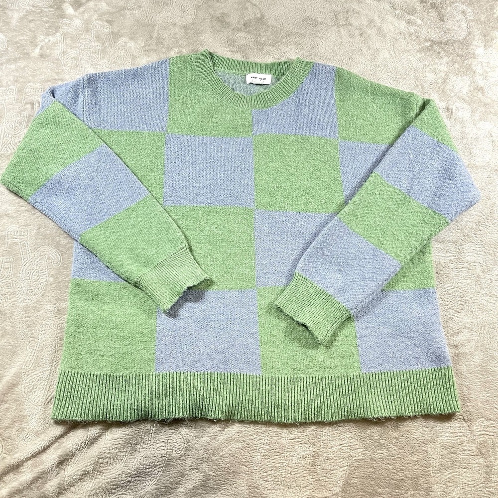 Annie Wear Checkered Sweater Women's Sz S ‎ Green Purple Color Block